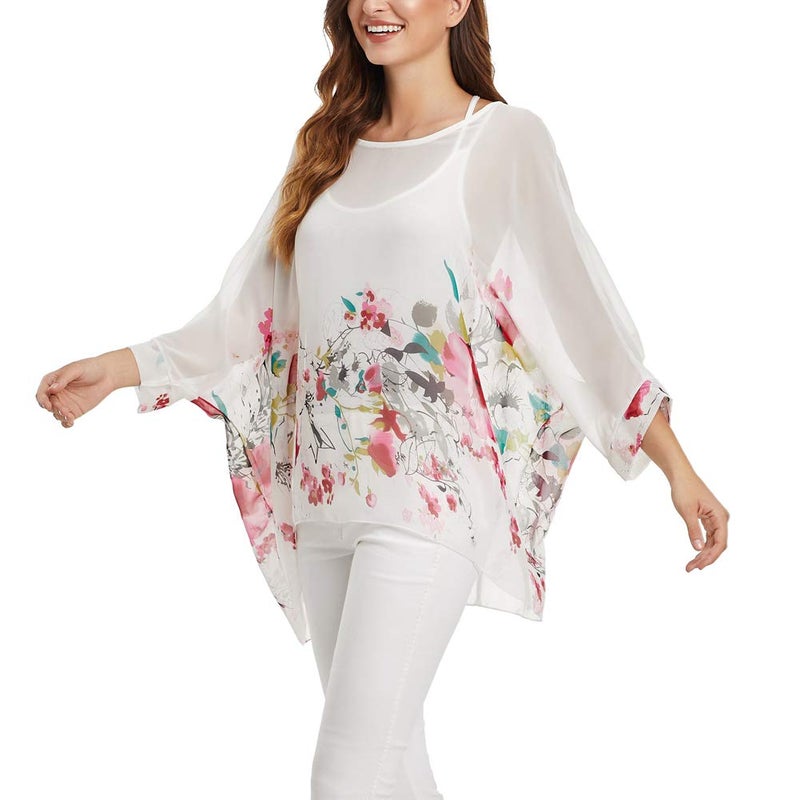 Ckikiou Plus Size Batwing Flowy Semi Sheer Chiffon Blouse Tunic for Women Summer Floral Print Boho Beach Cover ups - Image 3